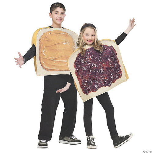Fun World Peanut Butter N Jelly Child Costume, children wearing peanut butter and jelly sandwich themed costumes for kids' dress-up or Halloween.
