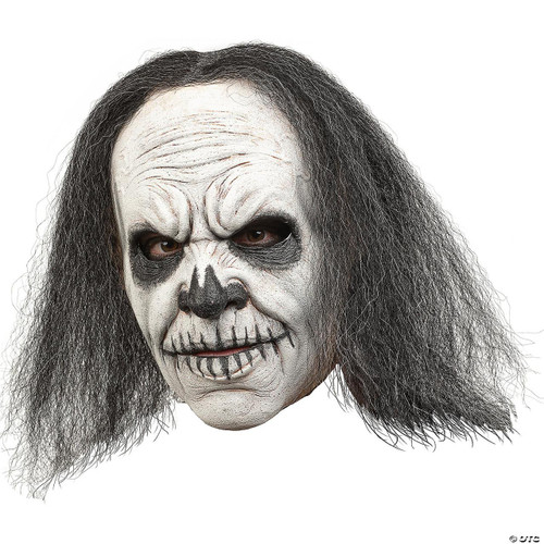 Ghoulish Voodoo Doctor Mask, scary clown face with black and white skull makeup and long black hair.
