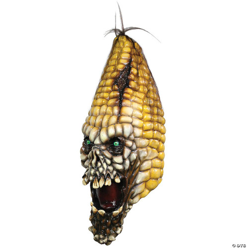 Ghoulish Evil Corn Mask, frightening corn husk mask with a terrifying face, green eyes, and open mouth, perfect for Halloween costumes and horror-themed events.