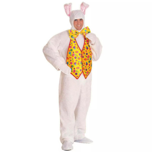 Rubies Adult Bunny Costume - Open Face, man wearing a fluffy white bunny suit with a colorful yellow vest with multi-colored polka dots and a large bow tie, open face bunny costume for adults.