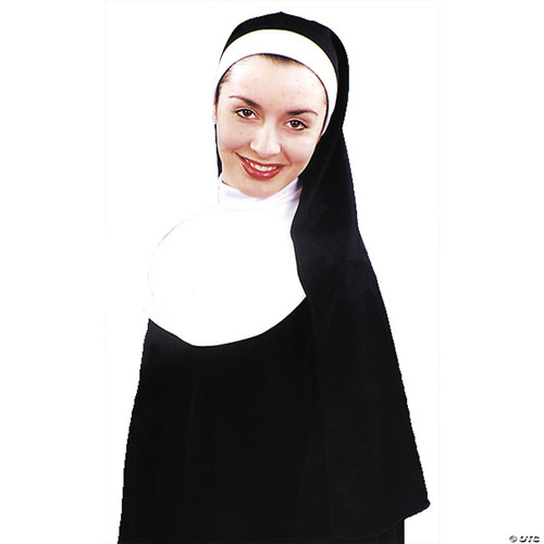 Morris Nun Kit, traditional religious habit worn by nuns with a black veil, white coif, and black dress.
