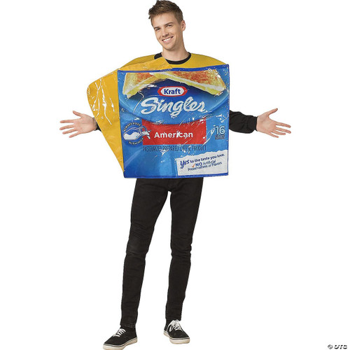 Rasta Imposta Kraft Singles Costume Adult, a person wearing a costume resembling a pack of Kraft Singles cheese slices, designed for fun and novelty occasions.