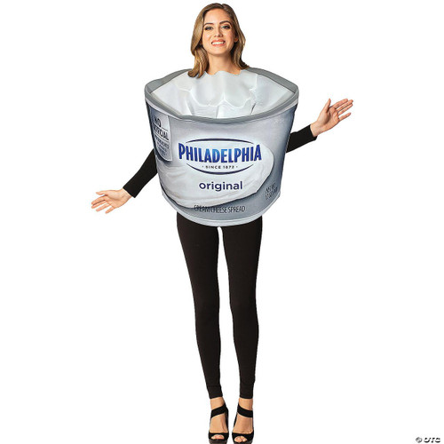 Rasta Imposta Kraft Philadelphia Cream Cheese Costume - Adult, a person wearing a large costume resembling a Philadelphia cream cheese container, designed for adult costume parties or Halloween.