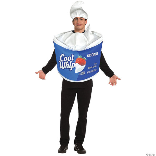 Rasta Imposta Kraft Cool Whip Costume - Adult, person wearing a large, blue and white whipped cream container costume with a hat resembling whipped cream and strawberry topping design.