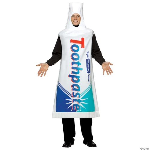 Rasta Imposta Tooth Paste Costume - Adult, a person dressed in a toothpaste tube costume with the brand name and design for humorous costume wear.