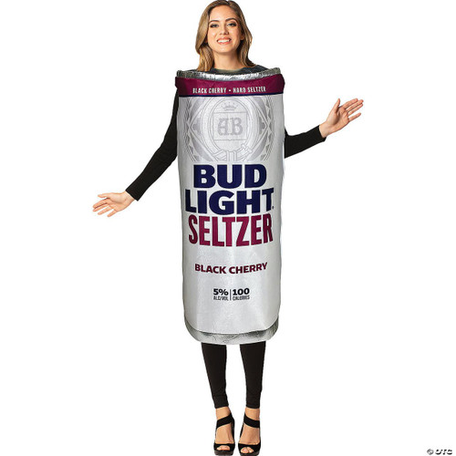 Rasta Imposta Bud Light Black Cherry Seltzer Costume -Adult, woman dressed in a giant beer can costume for Halloween or party costume attire.