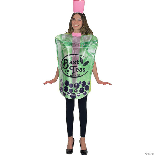 Rasta Imposta Bubble Tea Costume - Adult, woman dressed in a large, colorful bubble tea cup costume with printed toppings and a pink straw hat accessory.