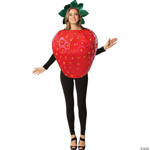 Rasta Imposta Strawberry Costume - Adult, woman wearing a large, bright red strawberry shaped costume with seeds and green leaves on top, ideal for Halloween or themed parties.