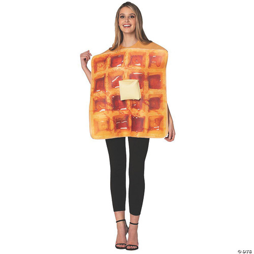 Rasta Imposta Waffle Costume Get Real -Adult, woman wearing a large waffle-shaped costume with a realistic waffle pattern and a small butter pat in the center, suitable for fun costume events.