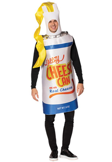 Rasta Imposta Cheezy Cheese Spray Can Costume - Adult, man wearing a humorous cheese spray can costume with a large printed label and a playful cheese hat.