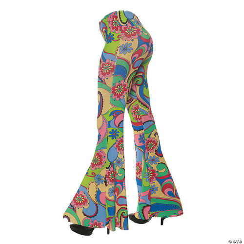 Underwraps 70's Flower Bell Bottom Pants, colorful retro floral patterned bell bottom trousers with vibrant pink, blue, green, and yellow flowers and swirling designs.