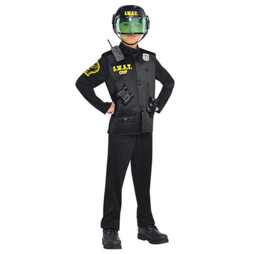 Amscan SWAT Team Boys Costume Medium 7-8, child dressed in a police SWAT team outfit with helmet, badge, and tactical gear for kids' costume or role-play.