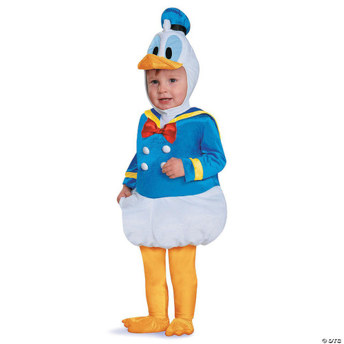 Disguise Donald Duck Prestige Costume 12-18 Months, Child dressed in a Donald Duck costume with a large duck head hat, blue jacket with red bow tie, white puffed bottom, and yellow legs and feet, suitable for kids aged 12 to 18 months.