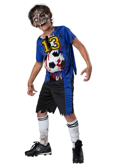 Incharacter Boy's Zombie Goals Costume - Medium 7-10, a boy in a zombie soccer player costume with a tattered blue jersey, blood splattered soccer ball, and a creepy zombie mask.