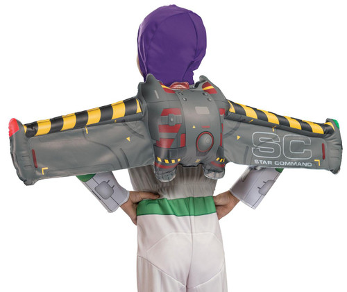 Disguise Buzz Lightyear Space Ranger Inflatable Jetpack, colorful gray, red, and yellow inflatable jetpack worn by a child with a purple hood.