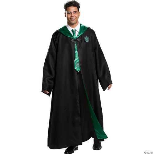 Disguise Harry Potter Deluxe Slytherin Robe - Adult, a costume features a black robe with green accents and Slytherin house crest, suitable for adults.