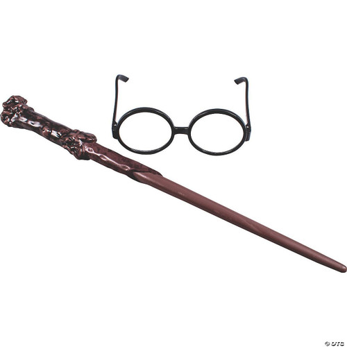 Disguise Harry Potter™ Wizard Accessory Kit, includes round black glasses and a wooden wand with a textured brown handle.