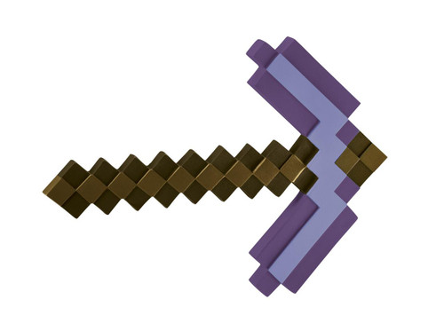 Disguise Minecraft Enchanted Pickaxe, pixelated purple and brown toy pickaxe designed for Minecraft enthusiasts.