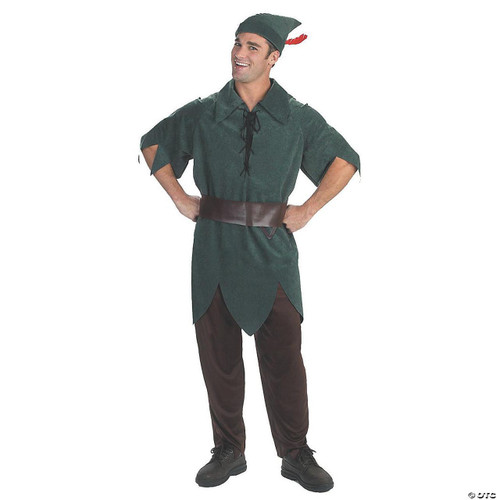 Disguise Peter Pan Classic Costume Adult, man wearing a green Peter Pan costume with a feathered hat, brown belt, and brown pants.