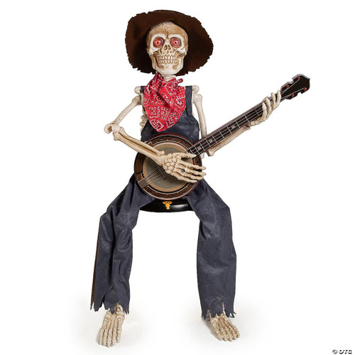 Sunstar 39" Skeleton Playing Banjo, decorative skeleton figure dressed in outlaw style with cowboy hat, red bandana, blue jeans, and playing a banjo.