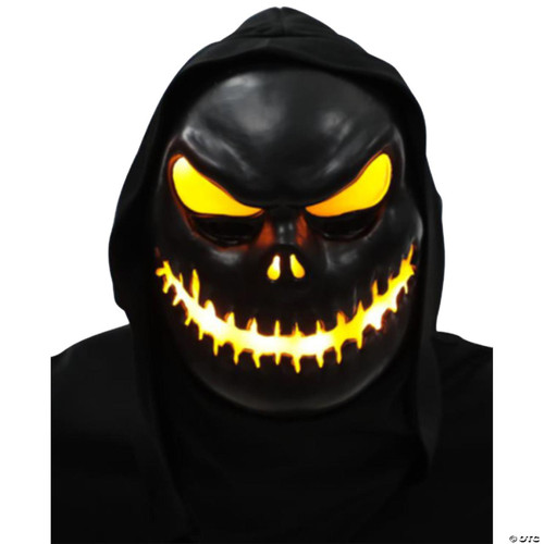 Morris Light-Up Skull Mask - Yellow, a spooky Halloween mask with a black skull design and glowing yellow eyes and mouth, illuminated for a frightening effect.