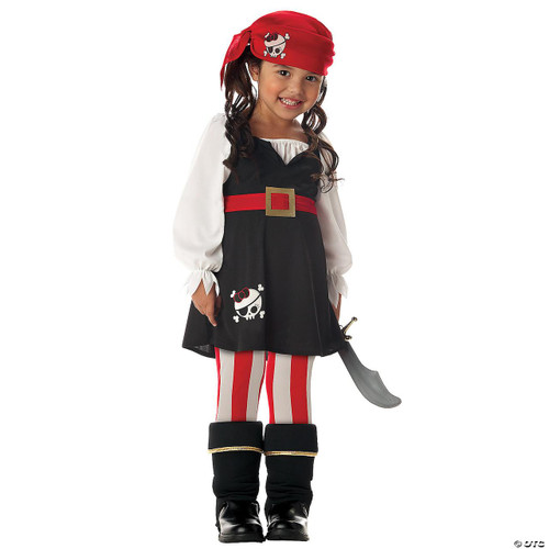 California Costumes Precious Lil Pirate Toddler Costume, a girl dressed as a adorable pirate with a red headscarf, black dress with a skull and crossbones logo, striped leggings, and pirate boots, holding a toy sword.