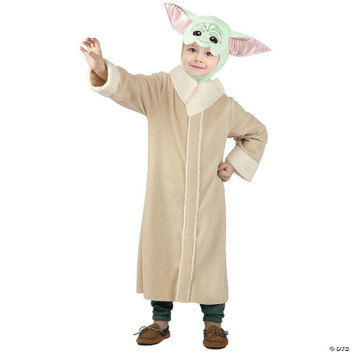 JazWares Grogu™ Toddler Costume (3T-4T), a toddler dressed as Grogu from Star Wars wearing a beige plush robe and a green helmet with large ears resembling Grogu's face.