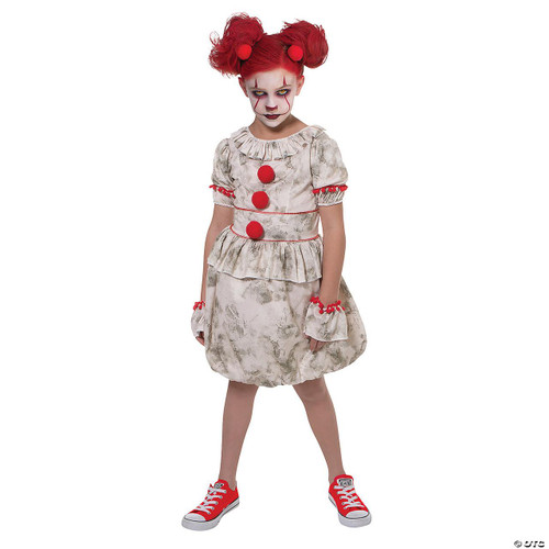Palamon Dancing Clown Child - Girl, a young girl dressed as a creepy clown with red hair styled in pigtails, wearing a vintage-style dress with red pom-poms and frills, complemented by red sneakers and white face makeup with a sinister clown face.