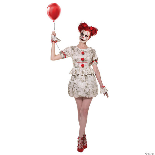 Palamon Women's Dancing Clown Costume, a woman dressed in a vintage-inspired clown costume with red hair, face makeup, holding a red balloon, and wearing red lace-up heels.