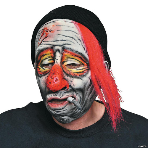 Zagone Whiskey The Clown Mask, detailed clown face mask with exaggerated clown features, red nose, long red hair, black beanie, and a cigarette in mouth.