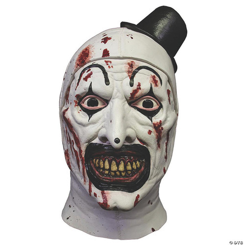 Trick or Treat Studios Art The Clown Killer Mask - Terrifier, horror mask resembling a clown with bloodstains, menacing eyes, and exaggerated facial features, wearing a black top hat.