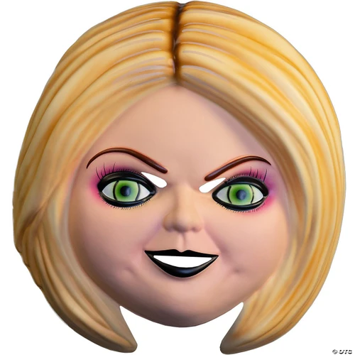 Trick or Treat Studios Chucky Tiffany Vacuform Mask, cartoon-style female face with blonde hair, green eyes, purple eye makeup, and a mischievous smile.