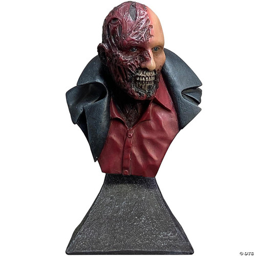 Trick or Treat Studios Darkman Mini Bust, highly detailed bust sculpture of Darkman's face showing half human and half monstrous appearance with a black leather jacket and red shirt.
