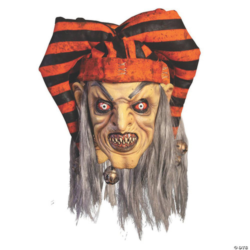 Trick or Treat Studios Evil Trickster Mask - The Terror Of Hallow's Eve, a scary Halloween mask featuring a grotesque, evil face with sharp teeth, red eyes, long gray hair, and a striped orange and black hat.