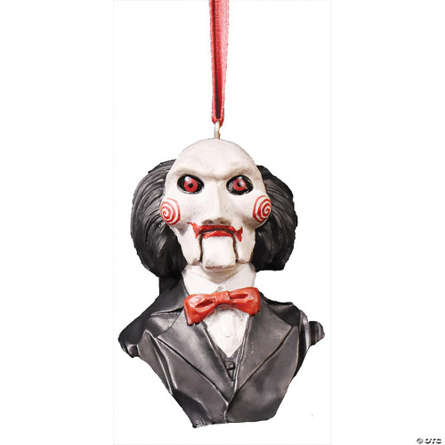 Trick or Treat Studios Billy Puppet Ornament - SAW, horror movie character ornament with white face, red spiral cheeks, black hair, black suit, and red bow tie hanging on a red ribbon.