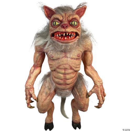 Trick or Treat Studios Cat Ghoulie Puppet Prop, a creepy puppet with a cat-like face, sharp teeth, yellow eyes, pointed ears, and grayish hair, designed for Halloween decorations and performances.