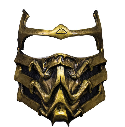 Trick or Treat Studios Scorpion Mortal Kombat 9 Mask, detailed metallic gold-colored mask resembling a demonic creature with a fierce expression and intricate design.