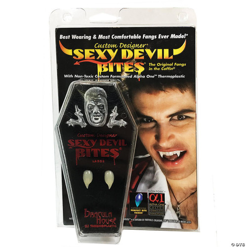 Dracula House Sexy Devil Bite Fangs, product image showing a pair of white vampire fang costume jewelry in a blister package with branding and a person's face with vampire makeup in the background.