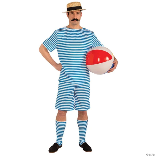 Forum Men's Beachside Clyde Costume, man dressed in blue and white striped beachwear with matching socks, wearing a straw hat and fake mustache, holding a large beach ball for summer party or beach themed event.