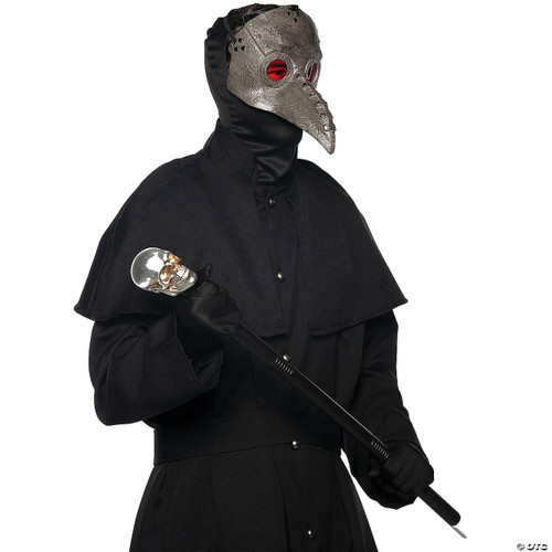 Underwraps Plague Doctor Mask, a detailed metallic mask with a long beak and red-tinted eye holes worn by a person dressed in black.