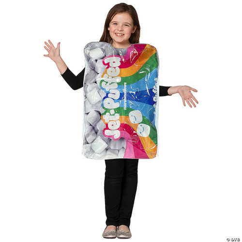 Rasta Imposta Kraft Jet-Puffed Marshmallows Bag Child Costume, a child wearing a marshmallow bag costume with colorful branding and large marshmallow graphic design.
