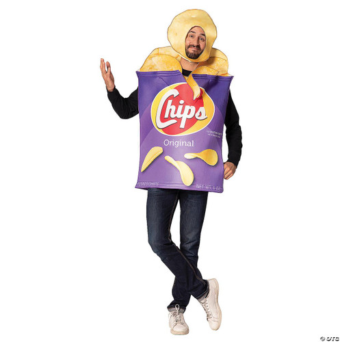 Rasta Imposta Potato Chips Bag Adult Costume, a person wearing a large potato chips bag costume with a human face and potato chip details around neck and head.