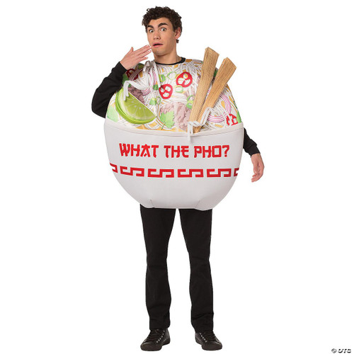 Rasta Imposta Pho Noodle Bowl Costume - Adult, a humorous costume resembling a large bowl of pho with realistic noodle, lime wedge, and chopsticks, worn by a person wearing black pants and black shoes.