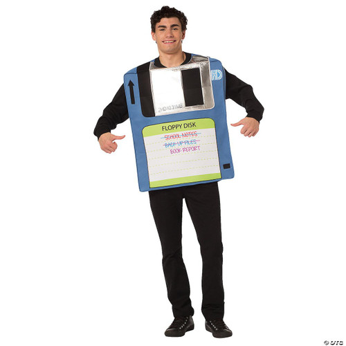 Rasta Imposta Floppy Disk Costume - Adult, a man wearing a large, foam floppy disk-shaped costume with detail mimicking an old-fashioned computer floppy disk.