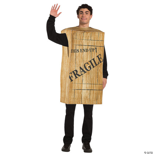 Rasta Imposta Fragile Crate Costume - Adult, man wearing a cardboard box costume designed as a fragile crate with printed wood grain and 'Fragile' text, ideal for humorous costume parties.