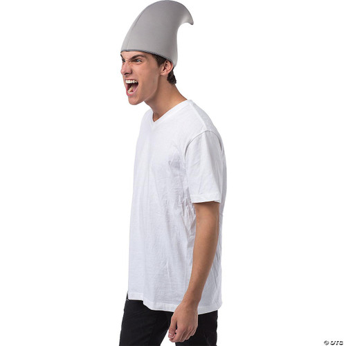 Rasta Imposta Sharknado Shark Fin Hat, a grey inflatable shark fin hat worn by a young man with a white t-shirt, on a plain white background.