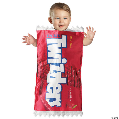 Rasta Imposta Twizzlers Bunting Costume, a baby wearing a costume styled like a Twizzlers strawberry candy bag with red and white colors and a large logo.