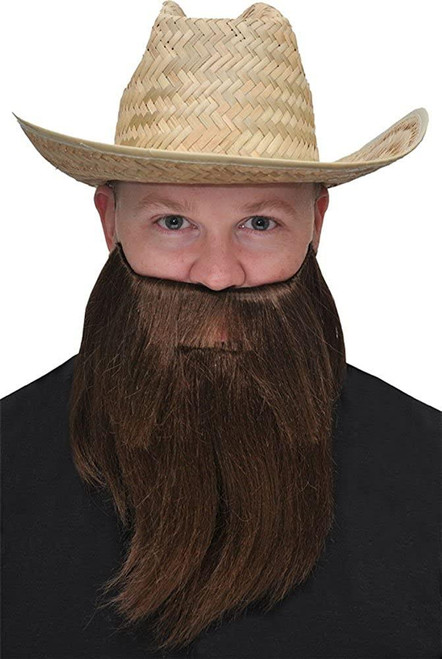 Rubies Beard and Mustache Full Set - Brown, a full brown bushy beard and mustache with a man wearing a straw hat.