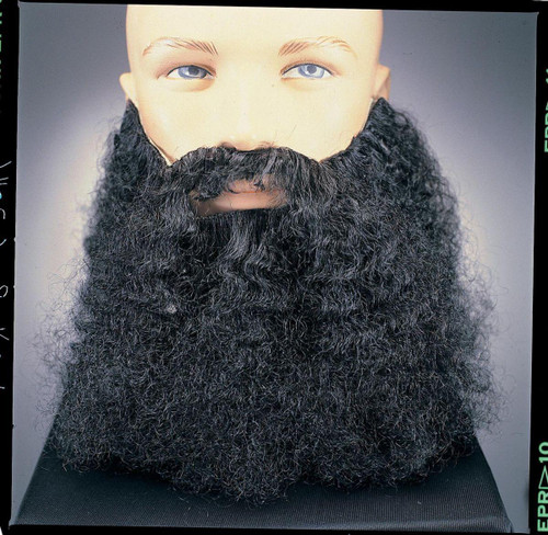 Rubies Full Curly Beard and Mustache - Black, a realistic black curly beard with a full mustache on a mannequin's face