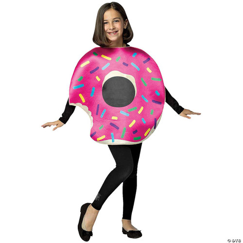 Rasta Imposta Strawberry Doughnut With Bit-Child costume, pink doughnut with colorful sprinkles and black center, worn by a smiling girl in black pants and shoes, kids costume for fun and parties.